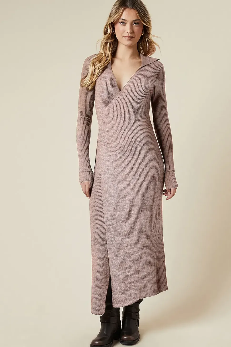 Collared Wrap Detail Knitted Midi Dress