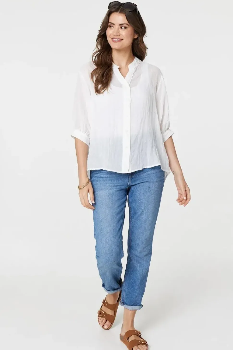 Collarless Button Back 3/4 Sleeve Blouse