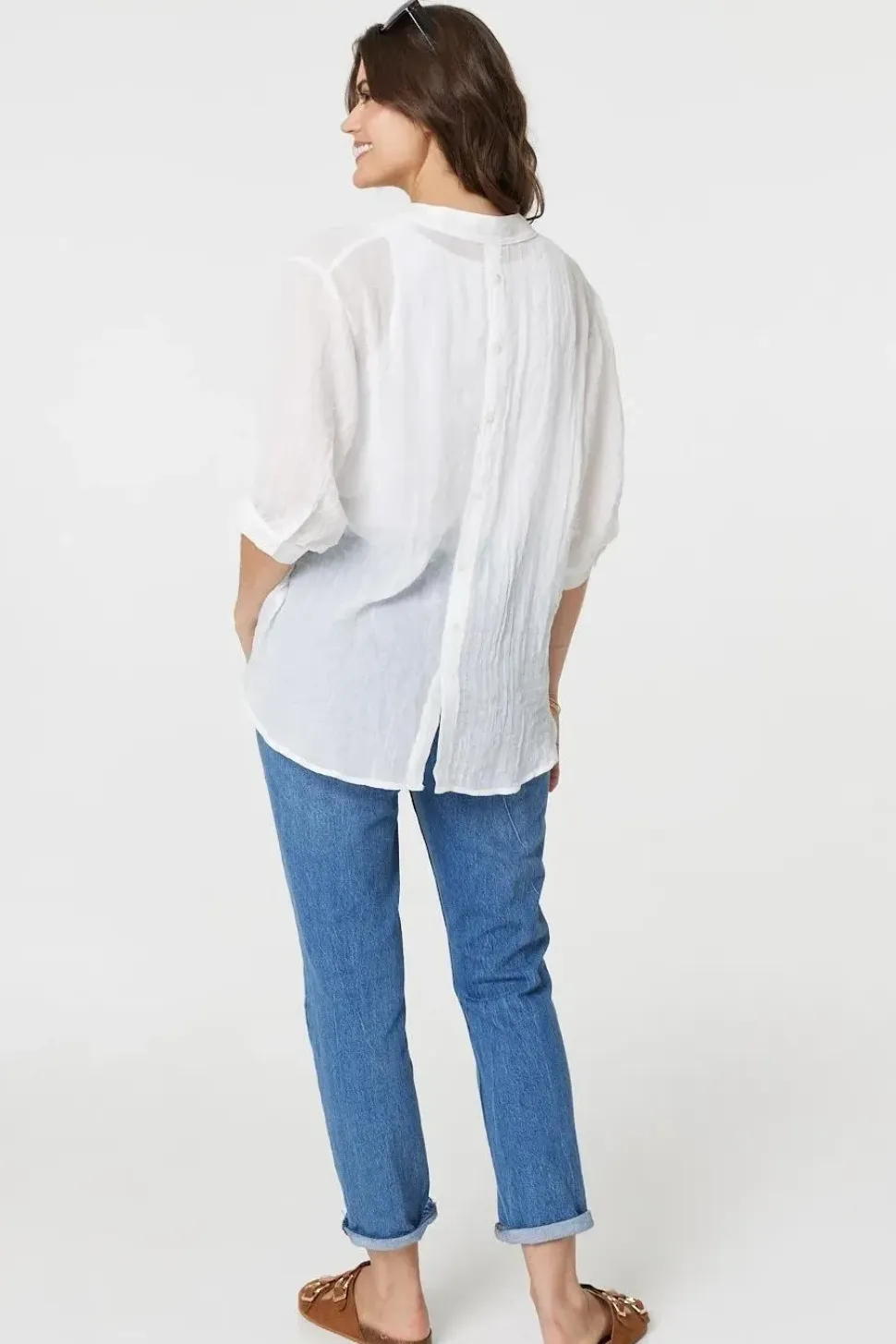 Collarless Button Back 3/4 Sleeve Blouse