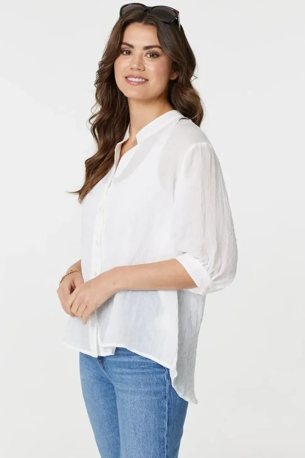 Collarless Button Back 3/4 Sleeve Blouse