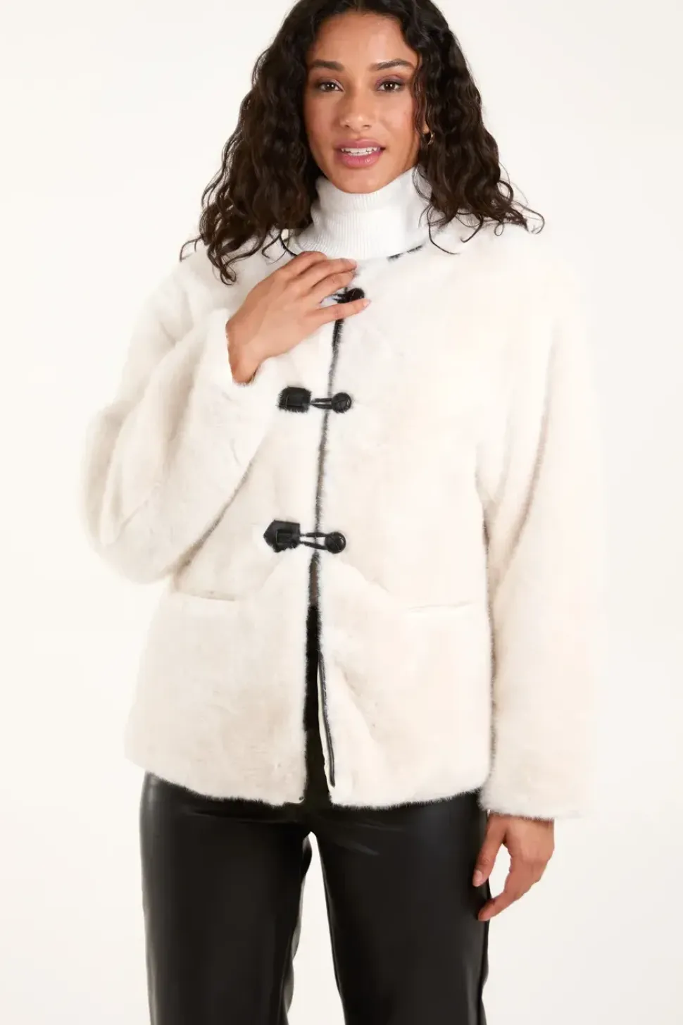 Collarless Toggle Detail Fur Jacket