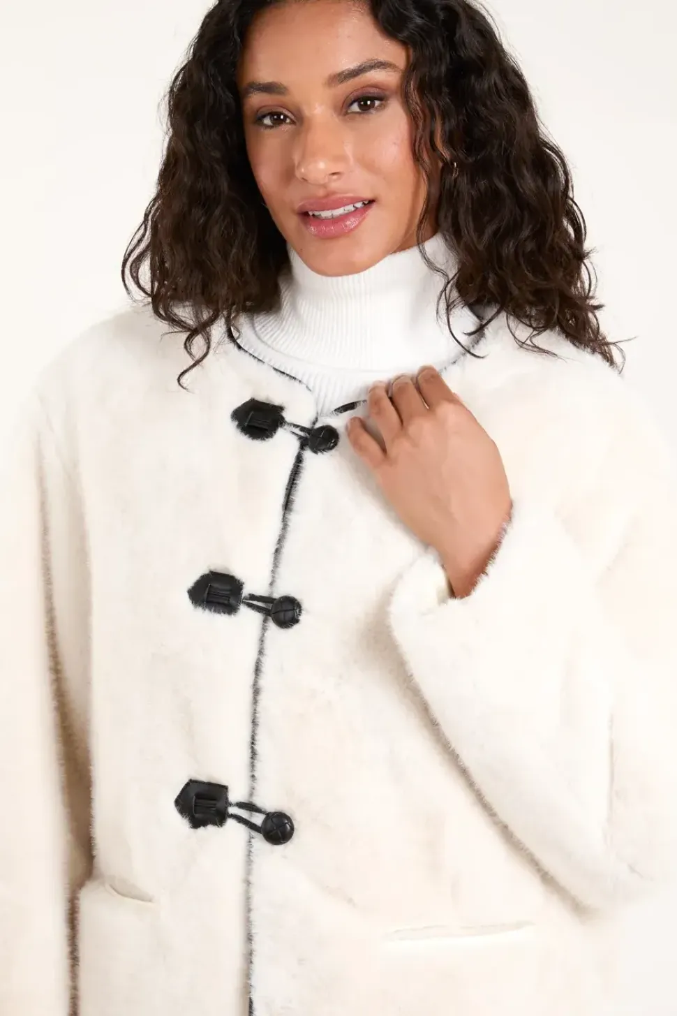 Collarless Toggle Detail Fur Jacket