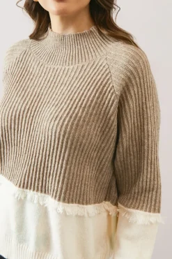Colour Block Fringe Detail High Neck Jumper