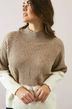 Colour Block Fringe Detail High Neck Jumper
