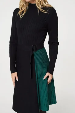 Colour Block High Neck Pleated Knit Dress