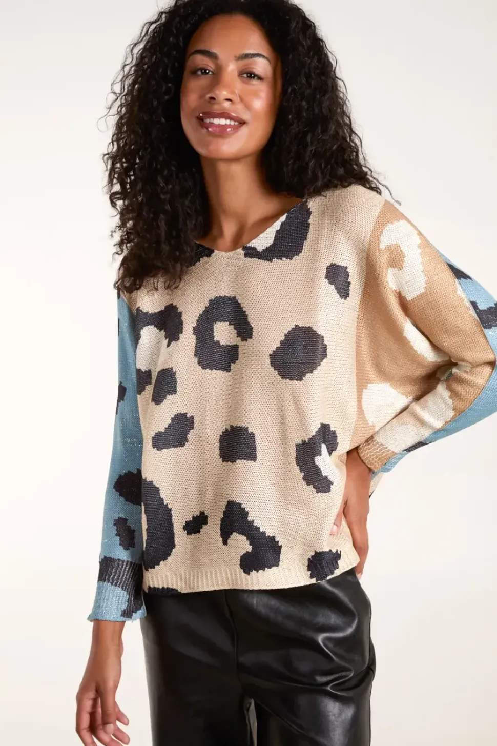 Colour Block Leopard Fine Knit Jumper