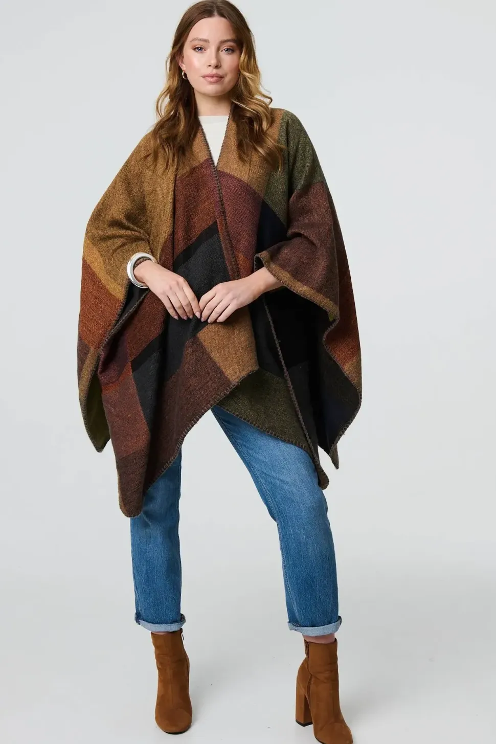 Colour Block 3/4 Sleeve Relaxed Poncho
