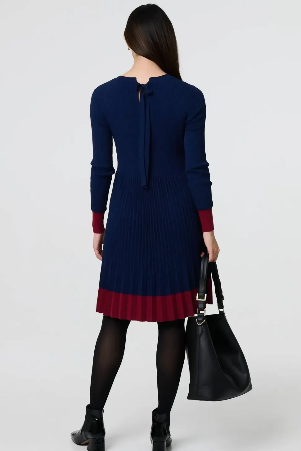 Colour Block Tie Neck Short Jumper Dress