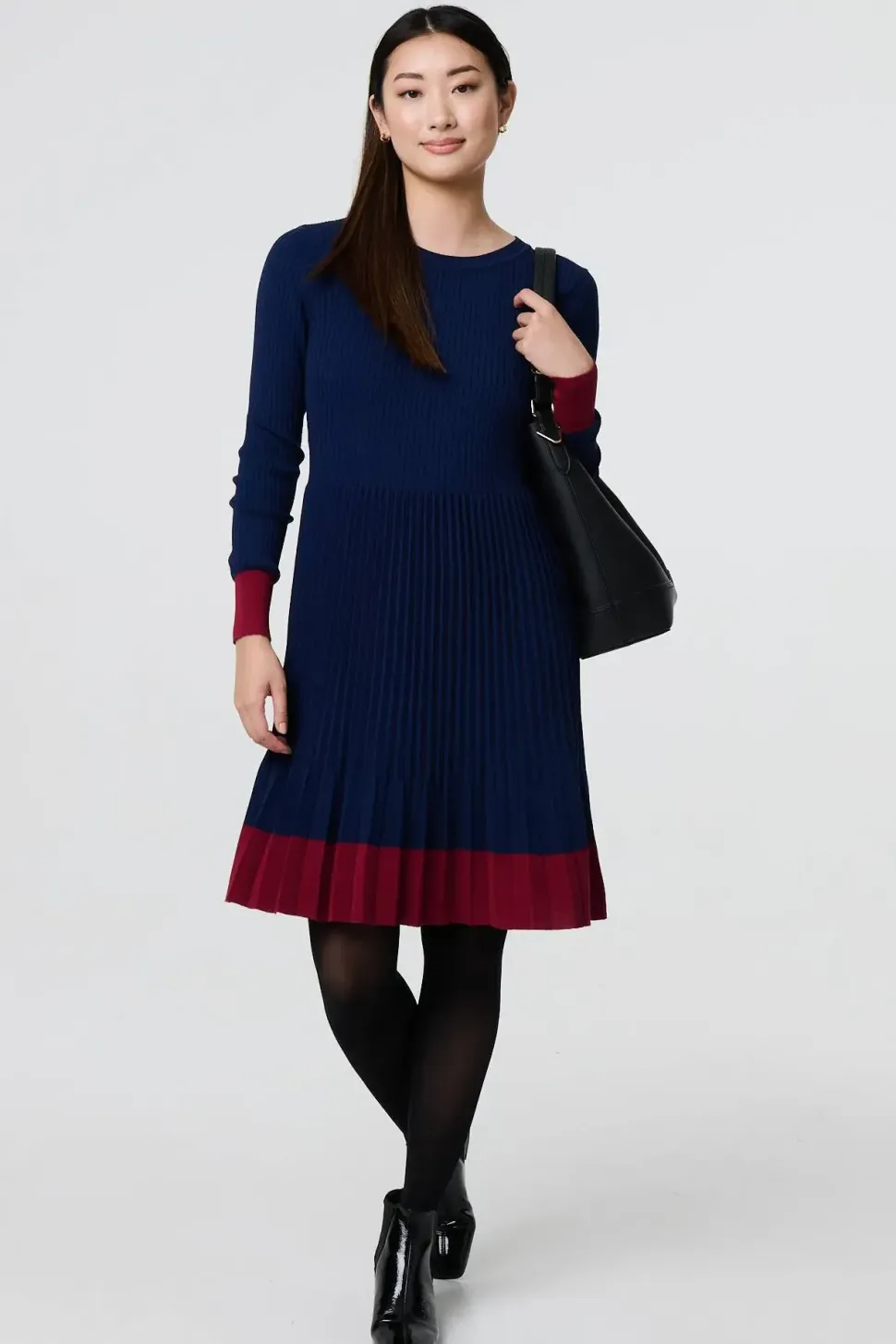 Colour Block Tie Neck Short Jumper Dress