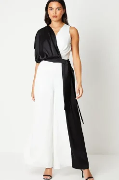 Colour Block Wrap Waist Satin Jumpsuit