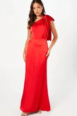 Contrast Bow Satin One Shoulder Maxi Dress