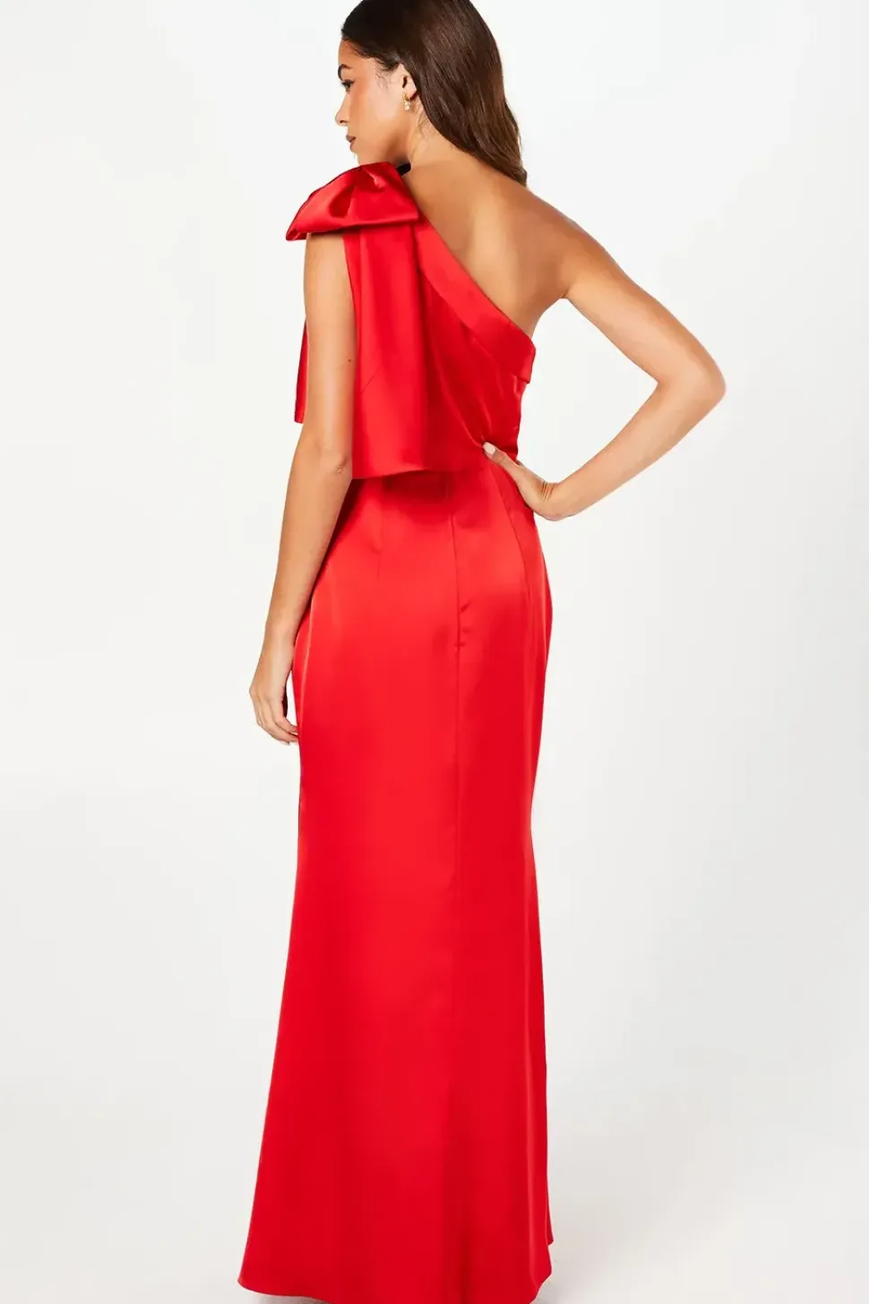 Contrast Bow Satin One Shoulder Maxi Dress