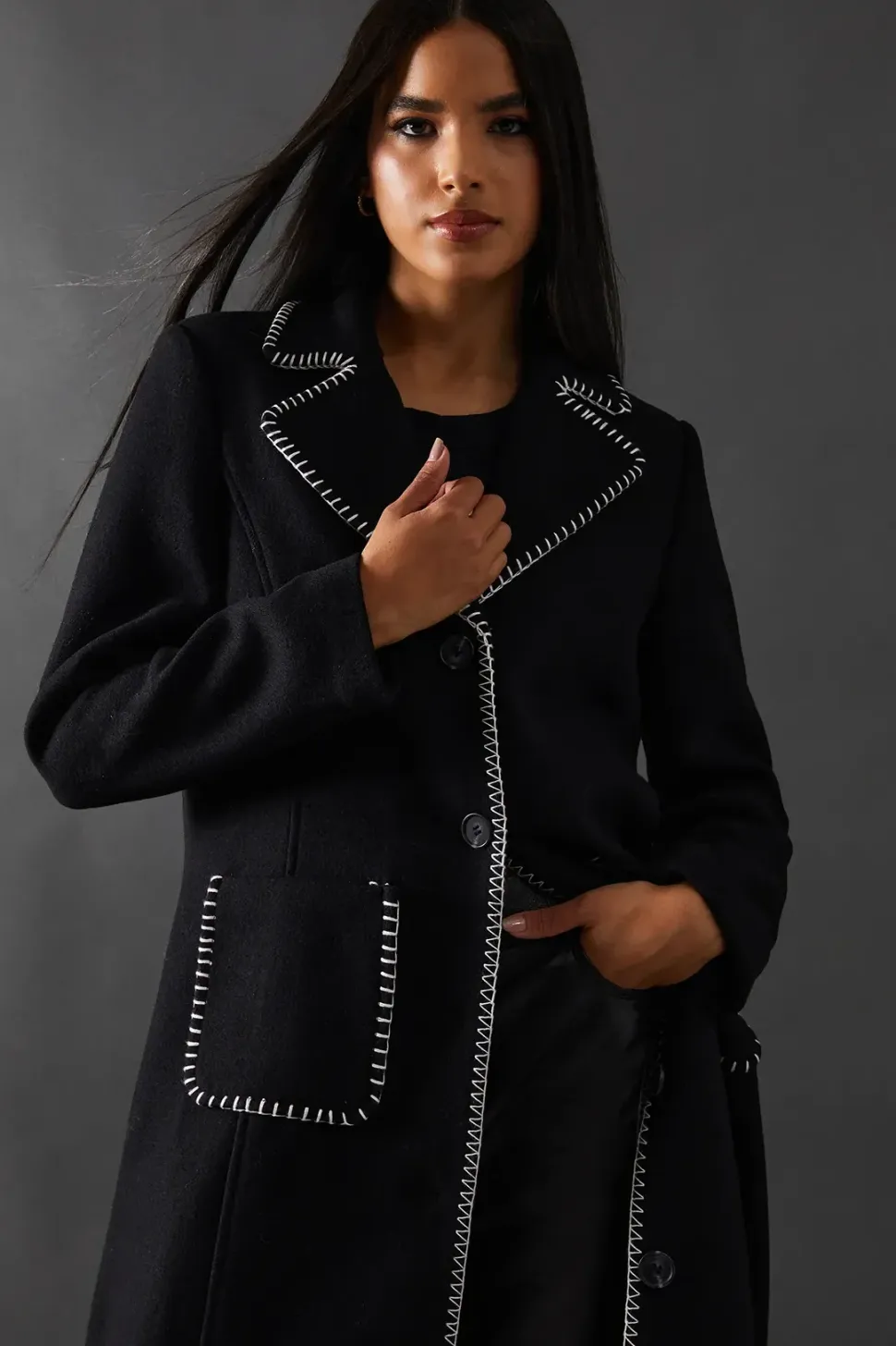 Contrast Button Through Coat