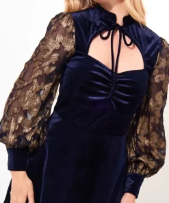 Contrast Embroidered Sleeve Velour Dress