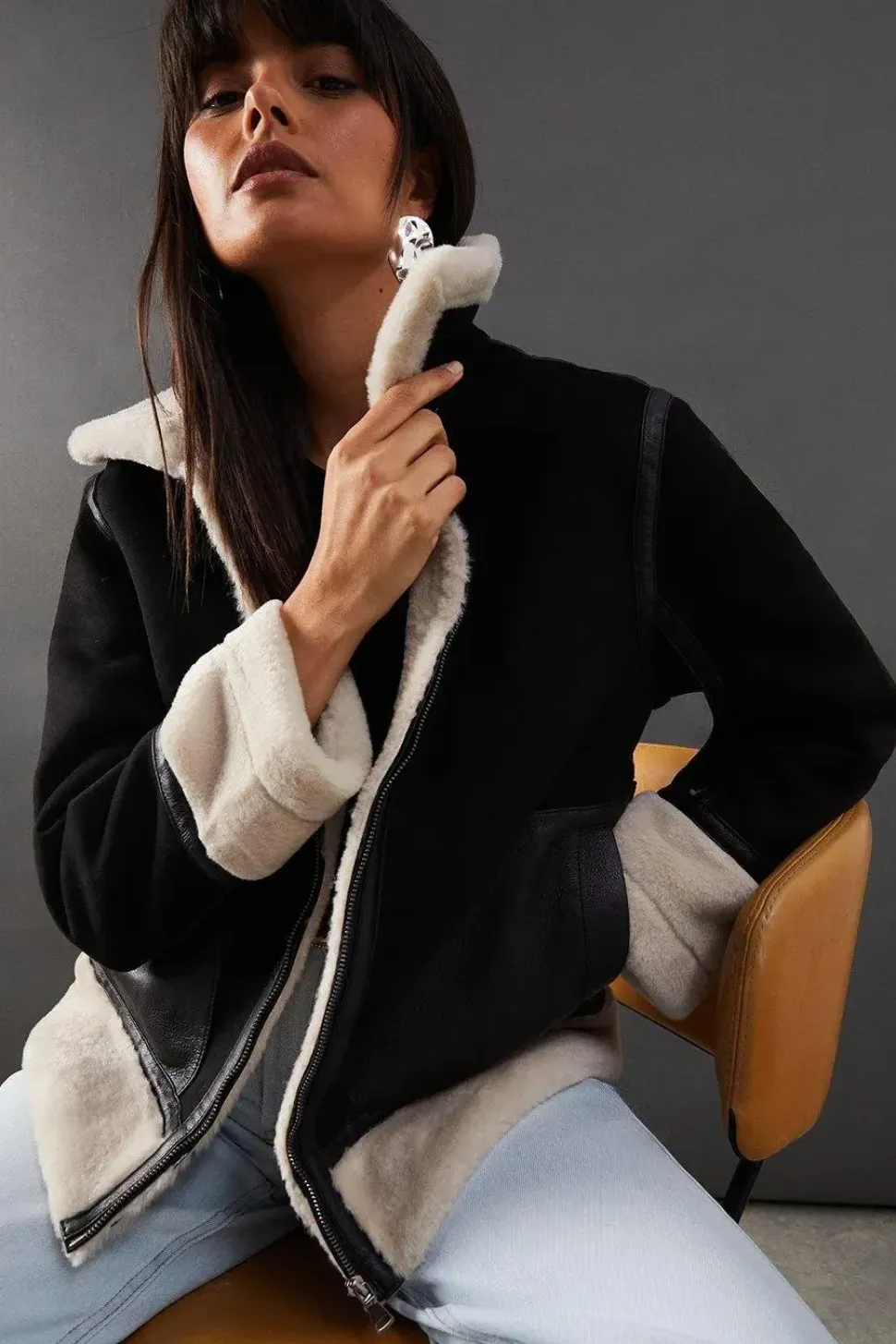 Contrast Faux Fur Lined Shearling Zip Through Coat
