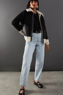 Contrast Faux Fur Lined Shearling Zip Through Coat