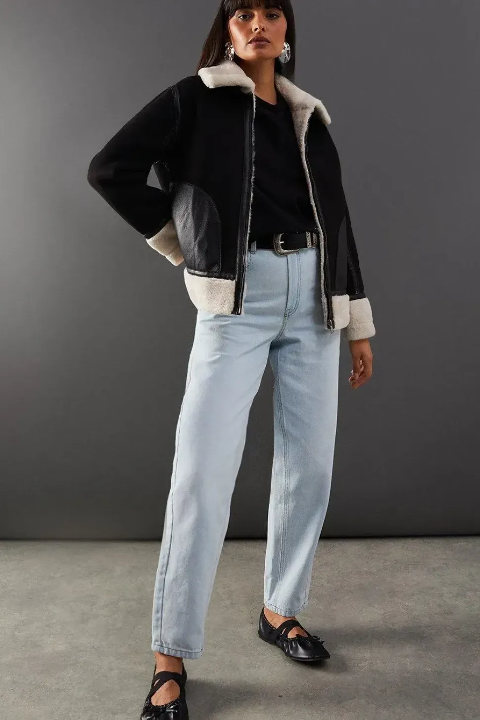 Contrast Faux Fur Lined Shearling Zip Through Coat