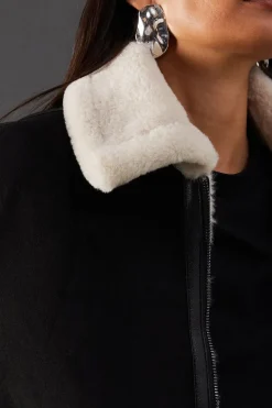 Contrast Faux Fur Lined Shearling Zip Through Coat