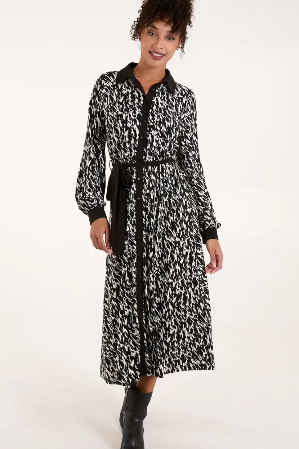 Contrast Midi Shirt Belted Dress