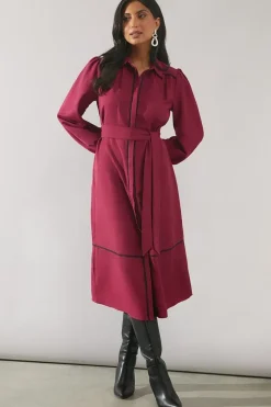 Contrast Piping Tie Waist Shirt Dress