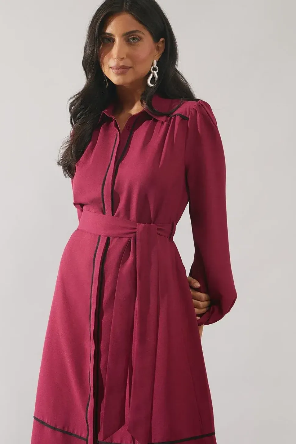 Contrast Piping Tie Waist Shirt Dress