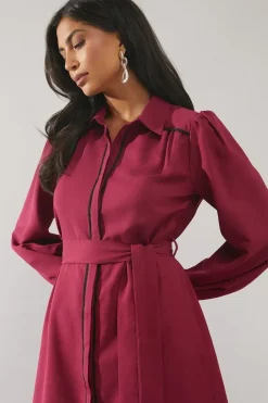 Contrast Piping Tie Waist Shirt Dress