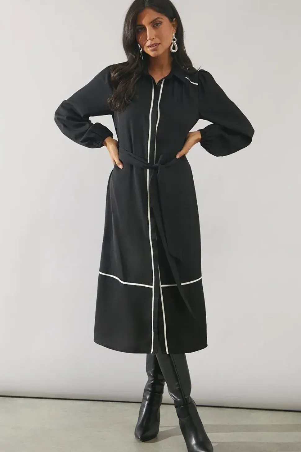 Contrast Piping Tie Waist Shirt Dress