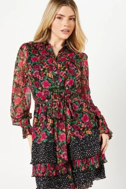 Contrast Pleated Ruffle Hem Chiffon Shirt Dress