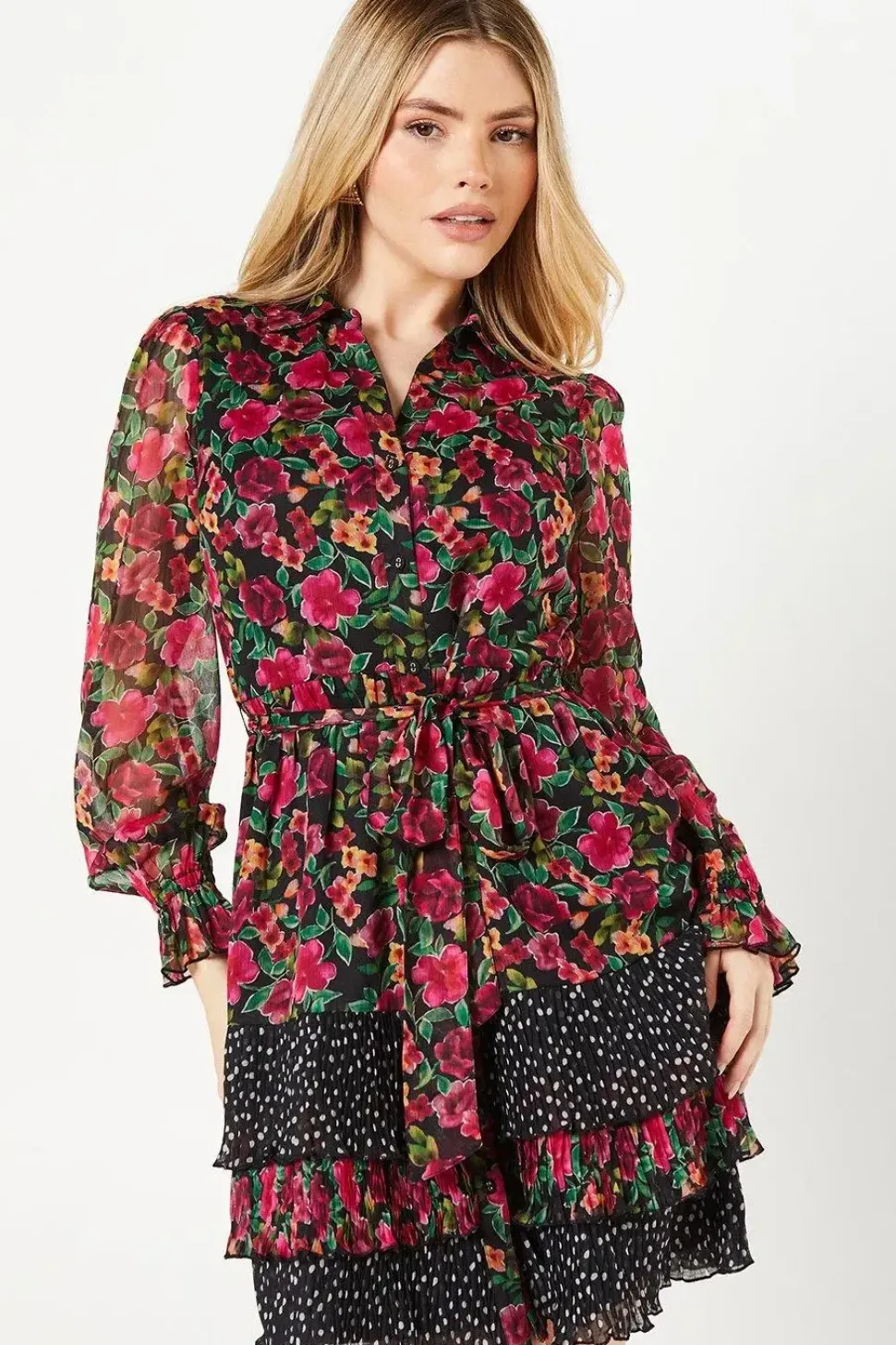 Contrast Pleated Ruffle Hem Chiffon Shirt Dress