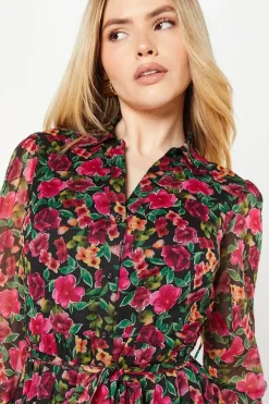 Contrast Pleated Ruffle Hem Chiffon Shirt Dress