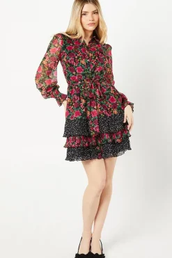 Contrast Pleated Ruffle Hem Chiffon Shirt Dress