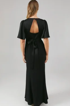 Contrast Satin Angel Sleeve Open Back Bridesmaid Dress