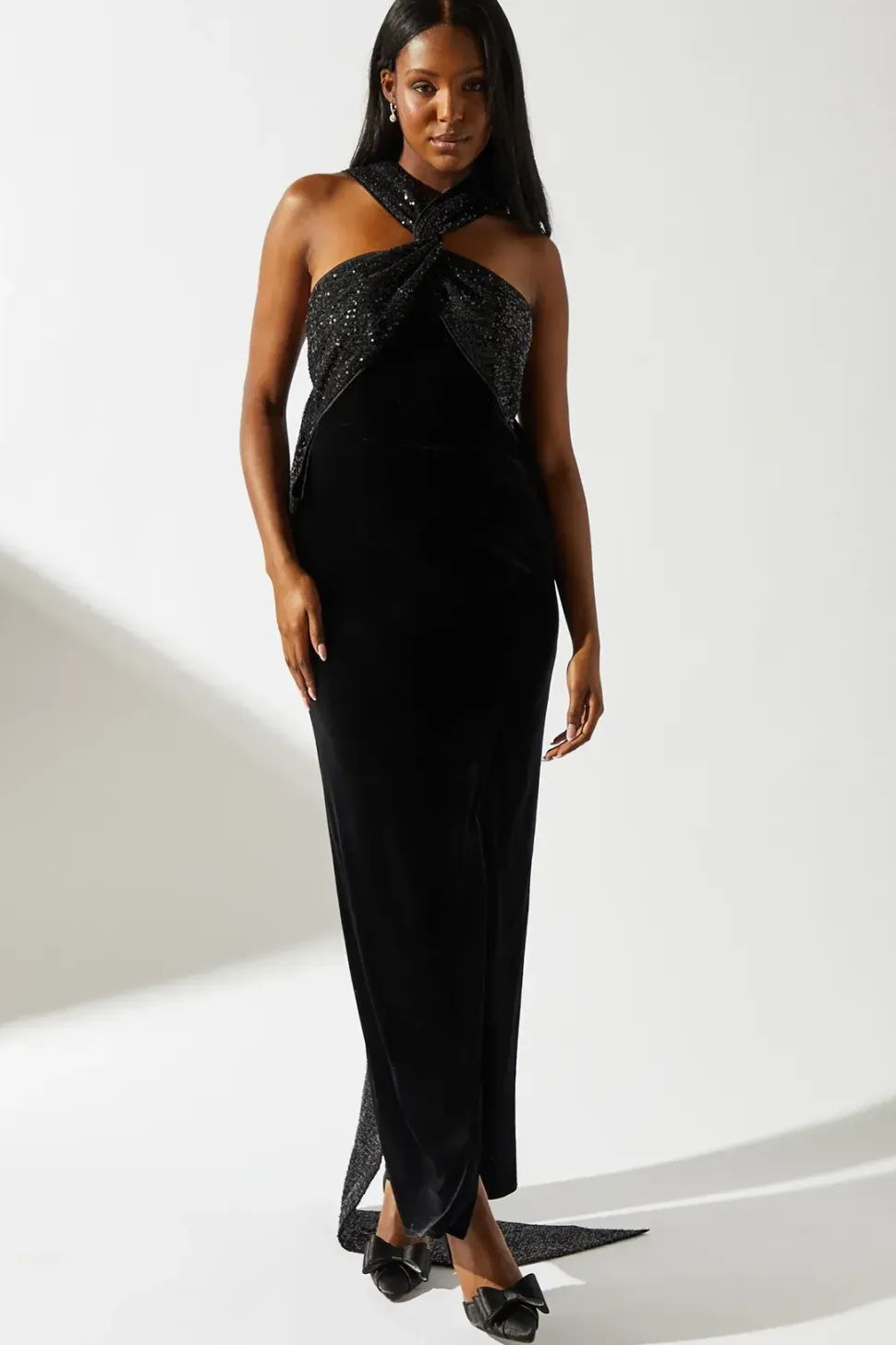 Contrast Sequin Cross Neck Bow Velvet Black Maxi Dress