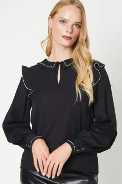 Contrast Stitch Detail Lace Insert Collared Blouse