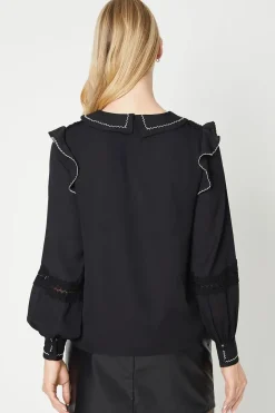 Contrast Stitch Detail Lace Insert Collared Blouse
