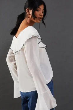 Contrast Stitch Ruffle Flared Sleeve Blouse