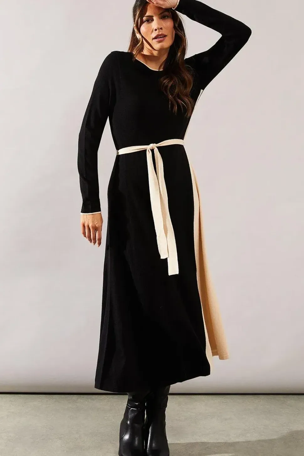 Contrast Tie Waist Knitted Midi Dress