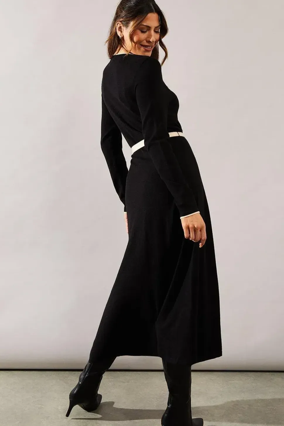 Contrast Tie Waist Knitted Midi Dress