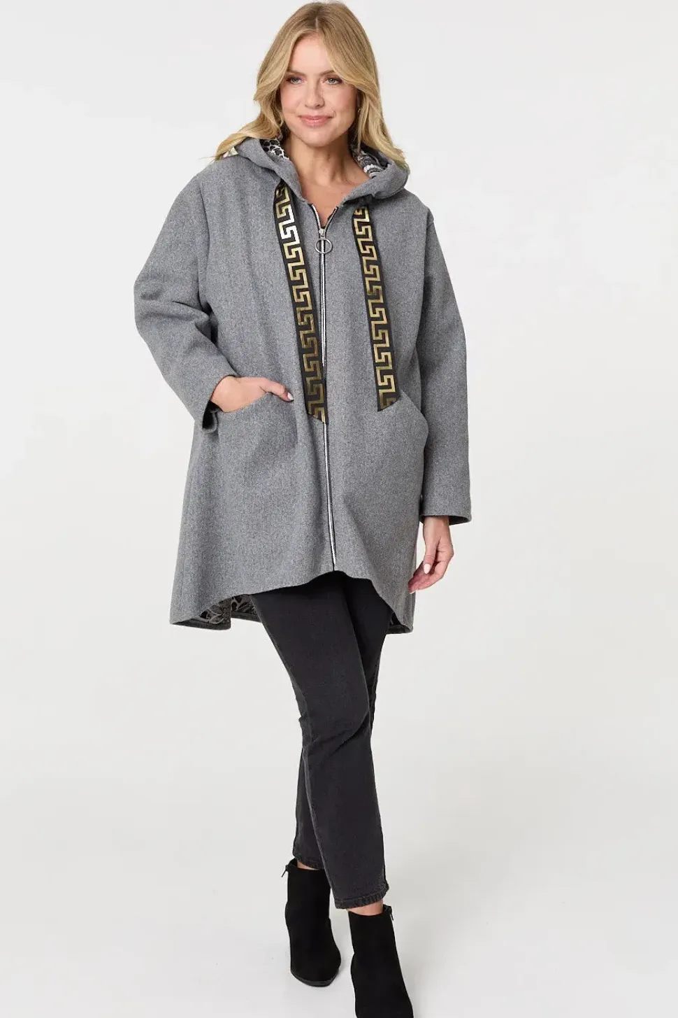 Contrast Trim Hood Turn-Up Sleeve Jacket