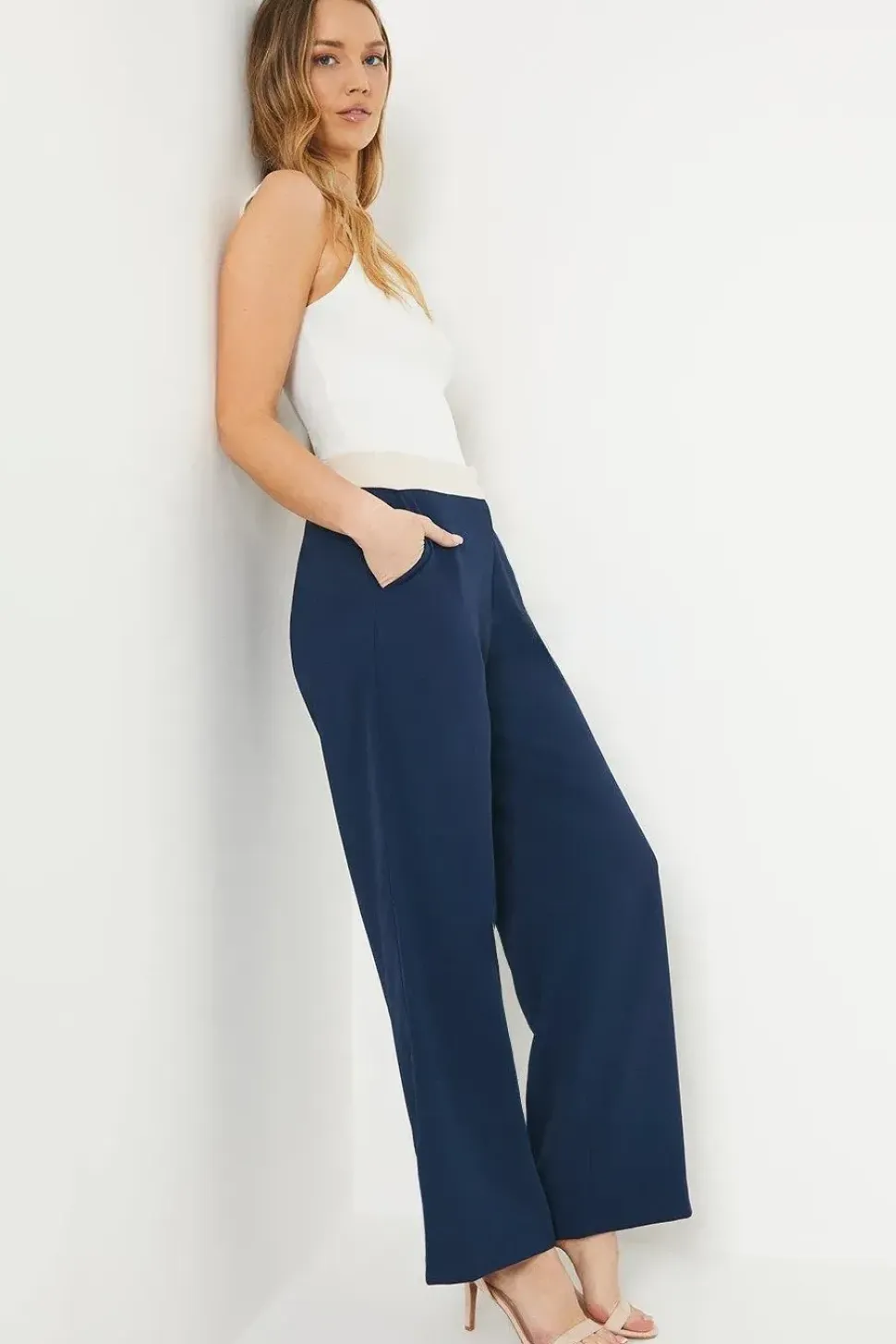 Contrast Waistband Wide Leg Trouser