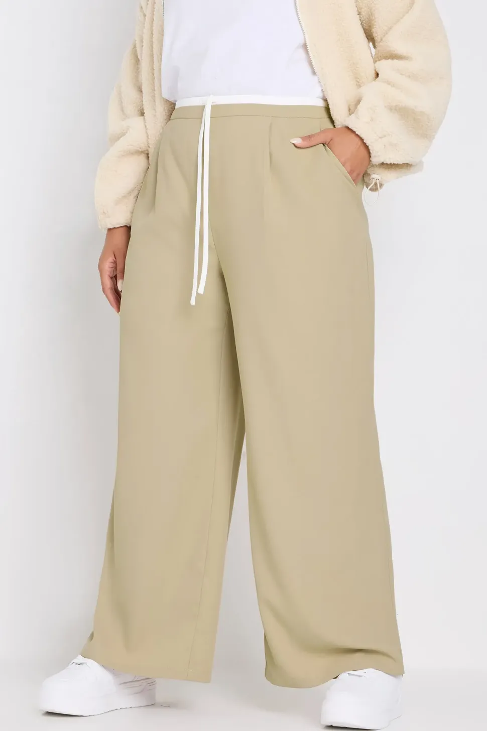 Contrast Waist Wide Leg Trousers