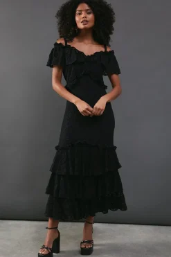 Corded Lace Ruffle Fallen Shoulder Midi Dress