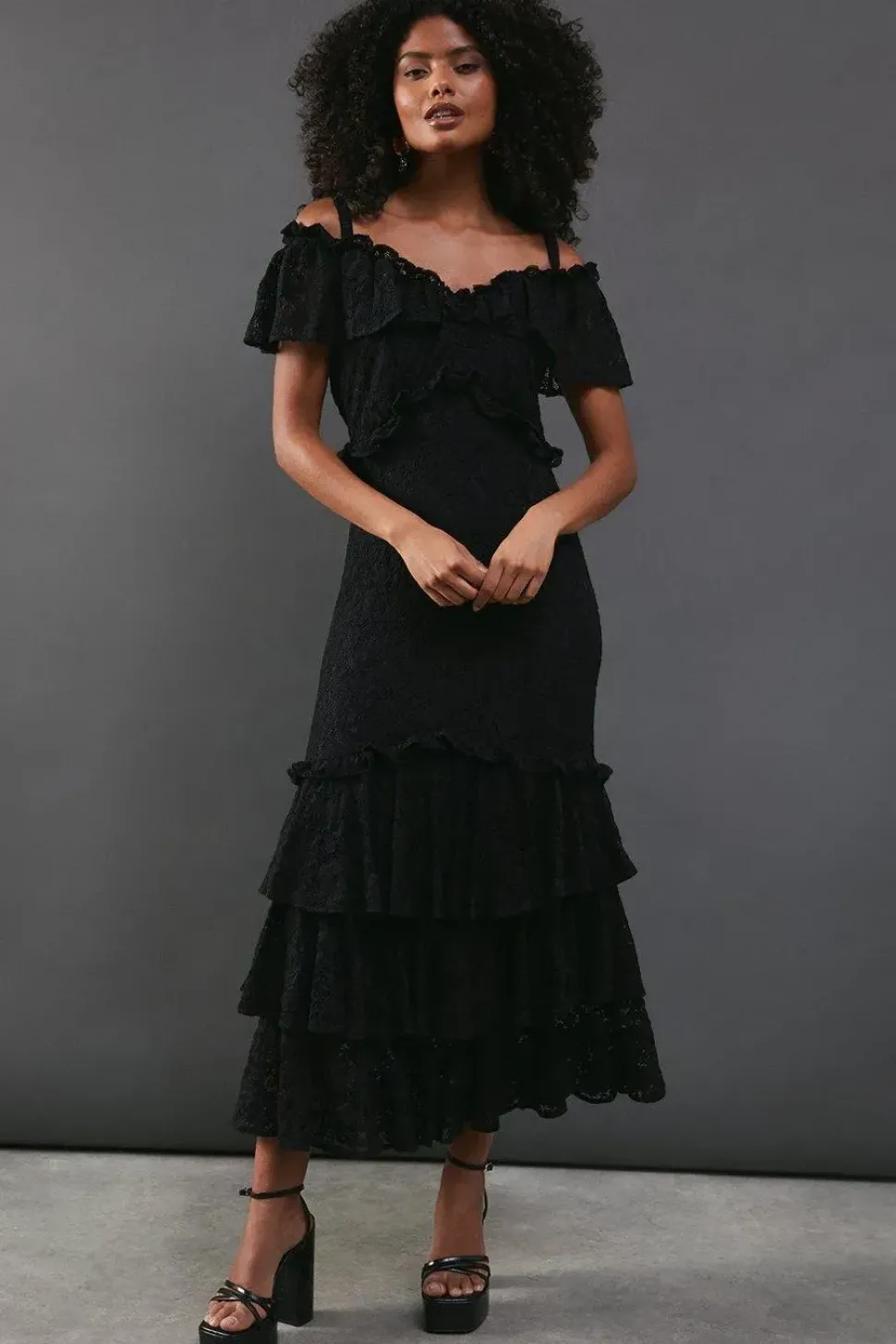 Corded Lace Ruffle Fallen Shoulder Midi Dress