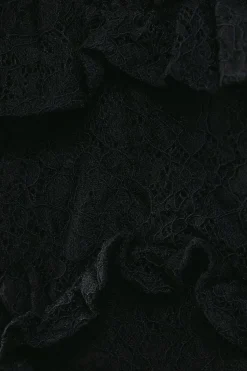 Corded Lace Ruffle Fallen Shoulder Midi Dress