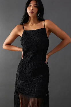 Corded Lace Strappy Fringe Hem Mini Dress