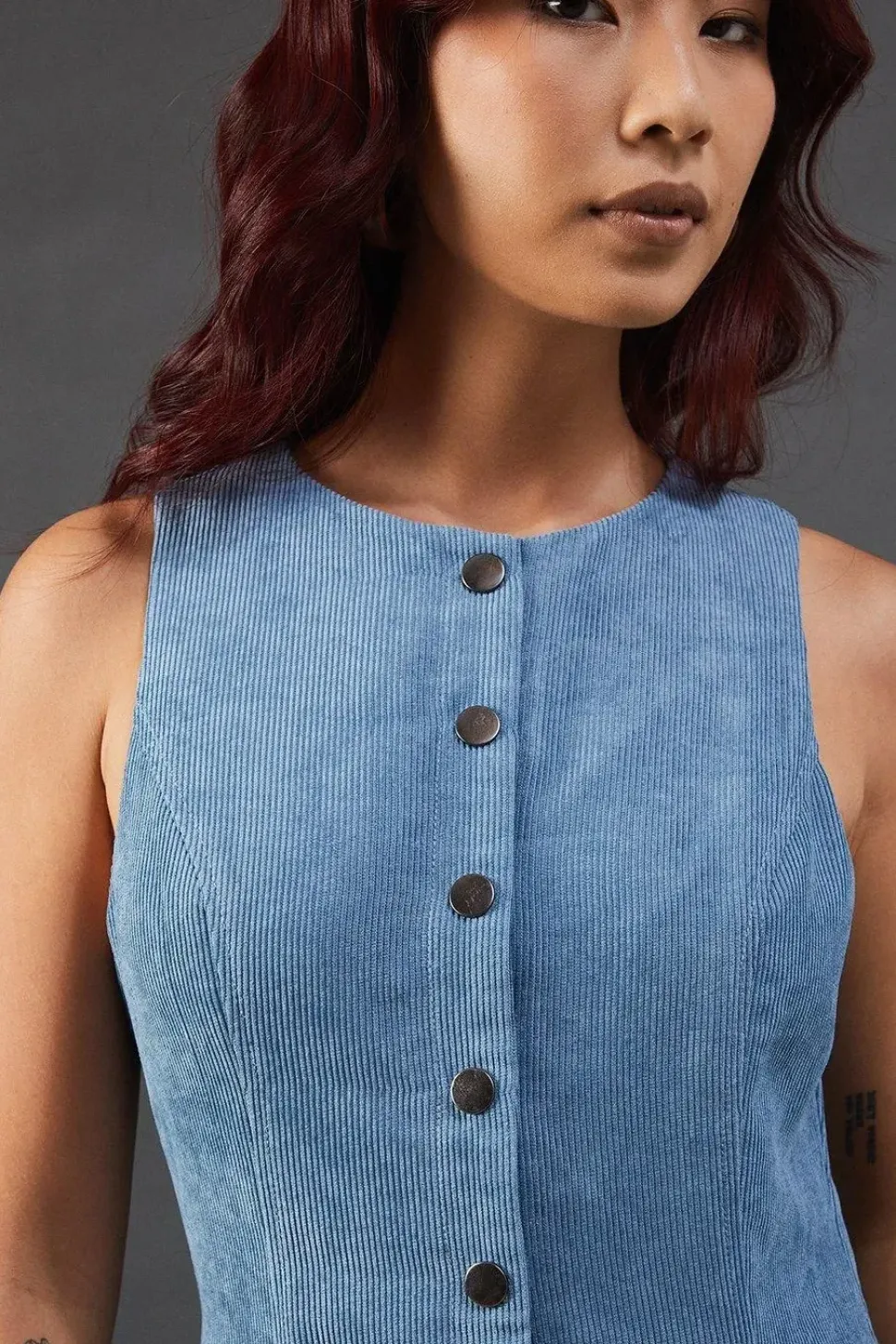 Cord Fitted Button Sleeveless Jumpsuit