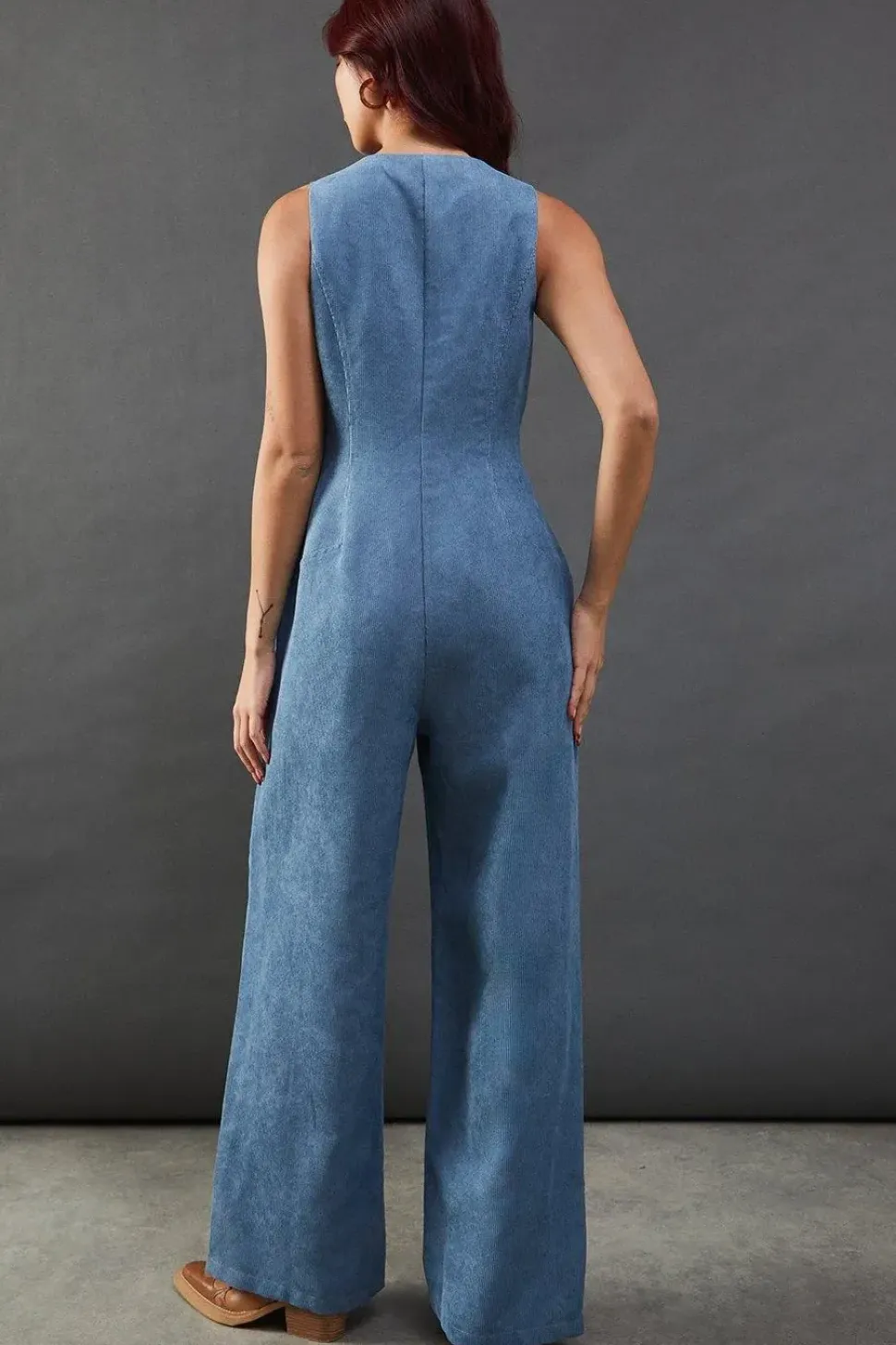 Cord Fitted Button Sleeveless Jumpsuit