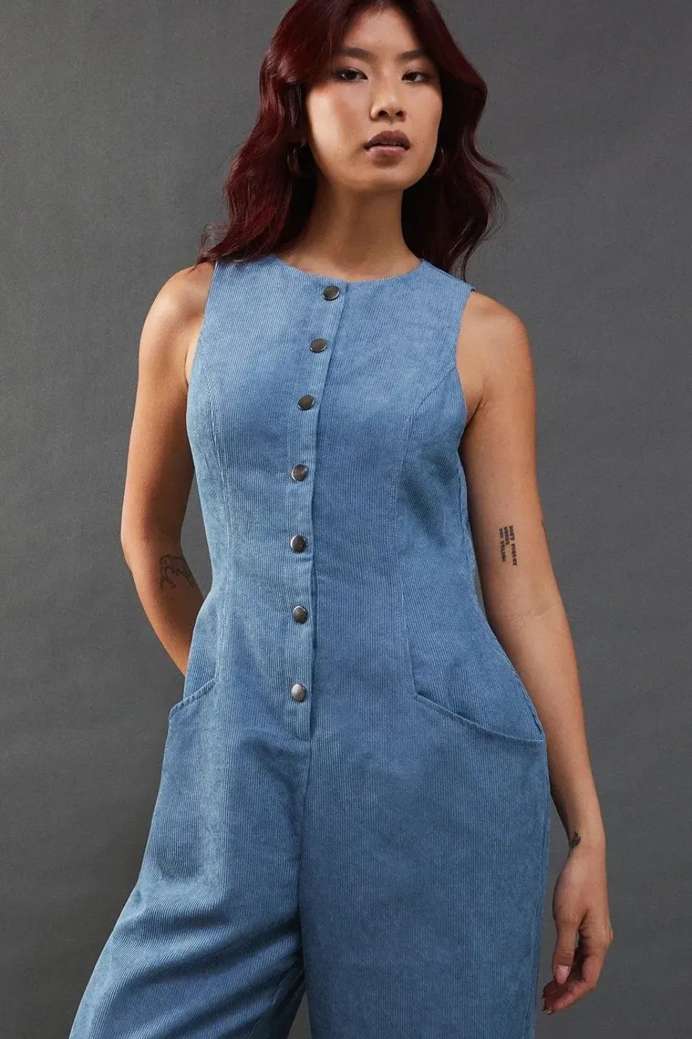 Cord Fitted Button Sleeveless Jumpsuit