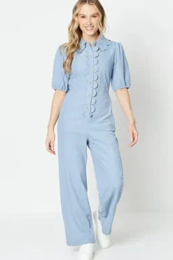 Cord Scallop Edge Collared Jumpsuit