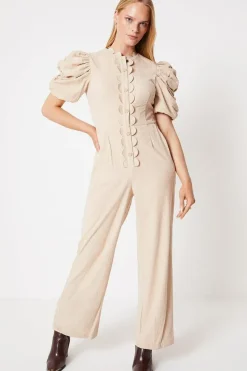 Cord Scallop Edge Puff Sleeve Jumpsuit